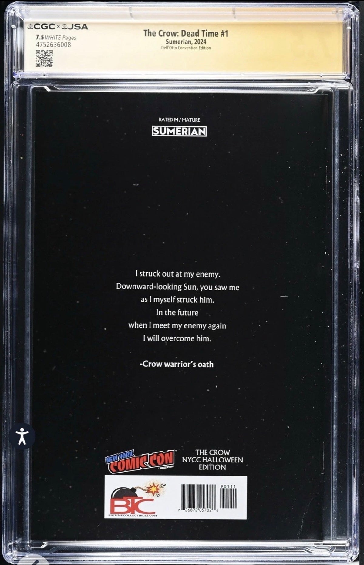 The Crow: Dead Time #1 CGC SS X JSA 7.5 Signed By James O’Barr & Gabriele Dell’Otto (Convention Edition, Sumerian, 2024)