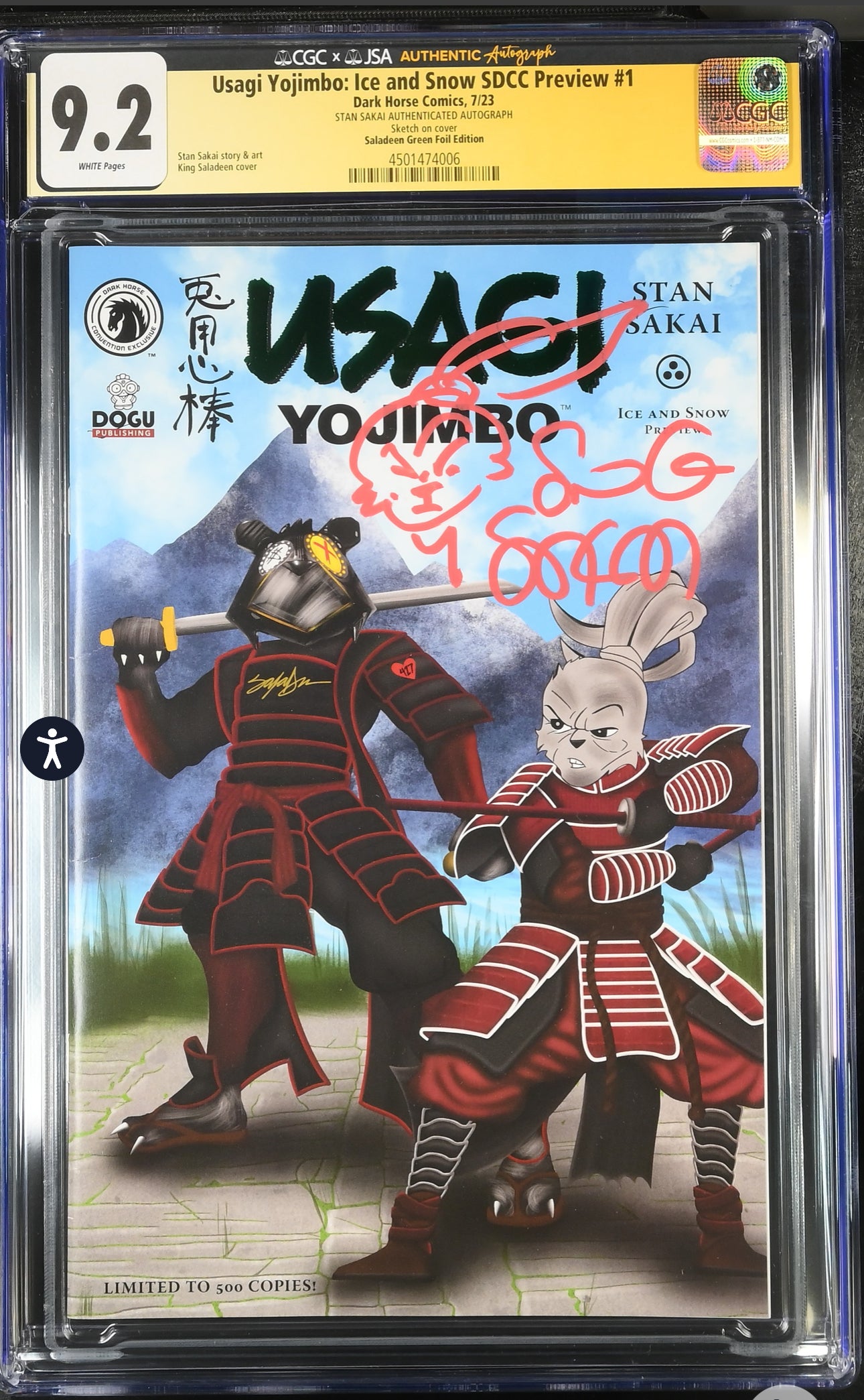 USAGI YOJIMBO: ICE and SNOW SDCC Preview #1 CGC X JSA 9.2 Signed & Sketch By Stan Sakai Green Foil Edition LE 500