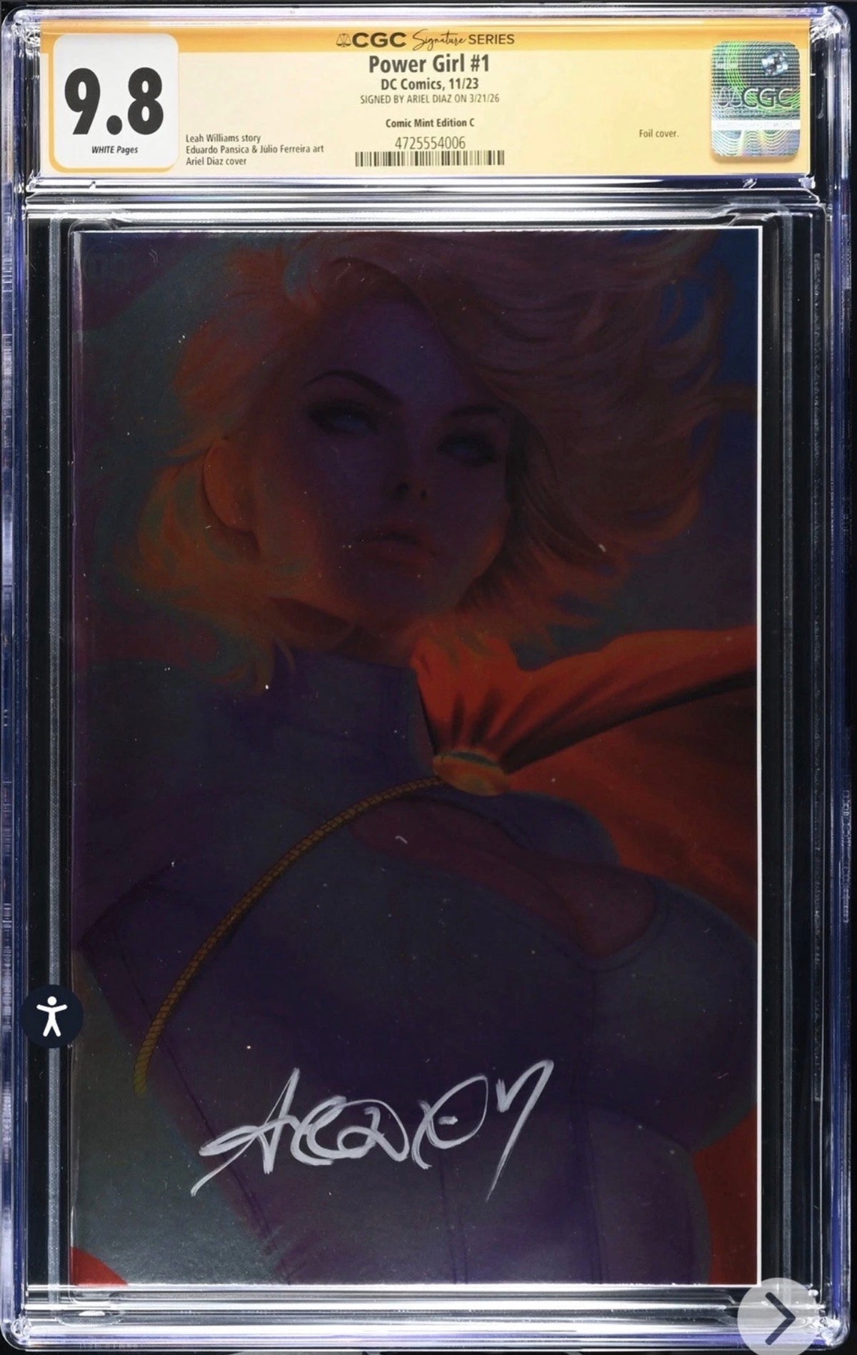 Power Girl #1 CGC SS 9.8 Signed By Ariel Diaz (DC, 2023) NYCC Convention Foil