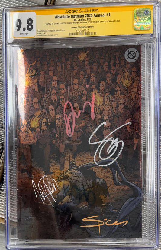 Absolute Batman 2025 Annual #1 CGC SS 9.8 Signed By James Harren, Scott Snyder, Mike Spicer, Daniel Warren Johnson (DC, 2026 Second Print Foil)