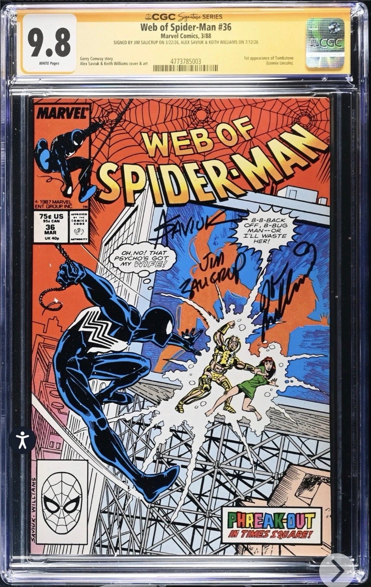 Web of Spider-Man #36 CGC SS 9.8 3x Signed By Jim Salicrup, Alex Saviuk, Keith Wiliams (Marvel, 1988)