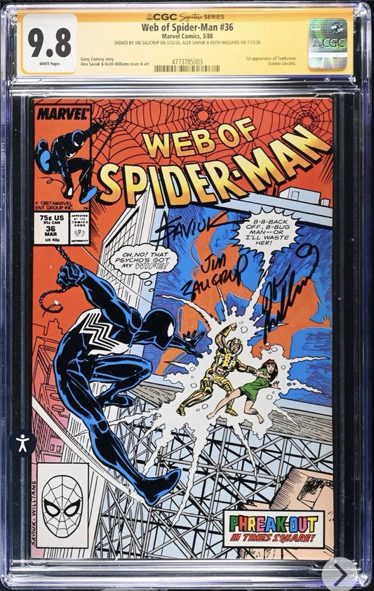 Web of Spider-Man #36 CGC SS 9.8 3x Signed By Jim Salicrup, Alex Saviuk, Keith Wiliams (Marvel, 1988)
