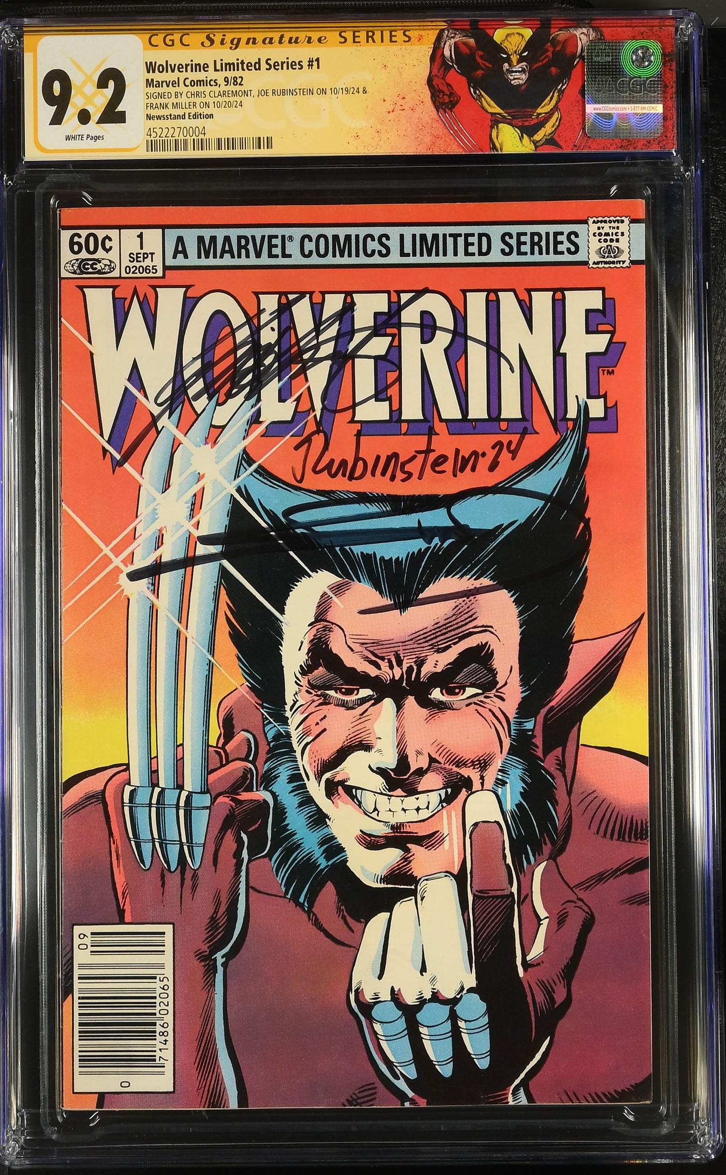 Wolverine Limited Series #1 CGC SS 9.2 Newsstand Edition Signed by Frank Miller, Chris Claremont & Joe Rubinstein (with custom label)